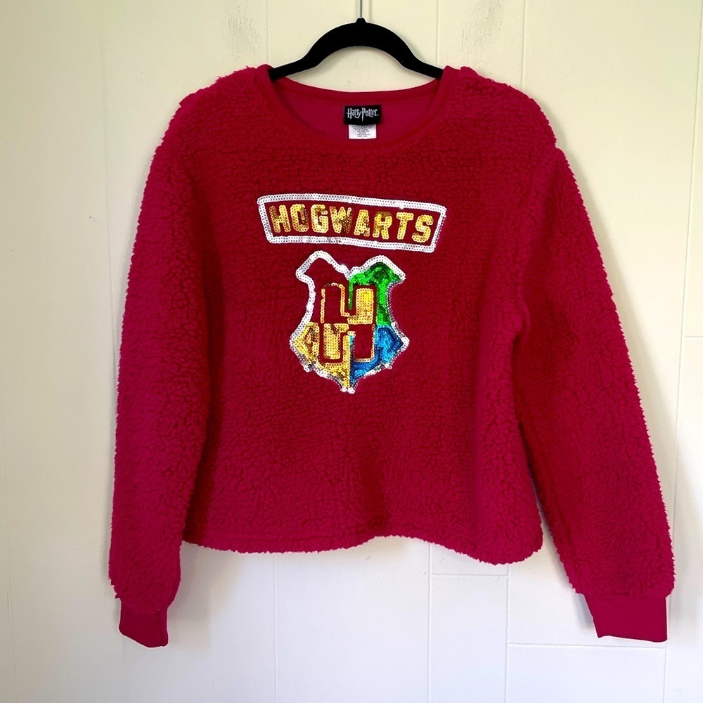 Harry Potter Hogwarts Sequins Sweatshirt Juniors Size L Pink Fuzzy Sherpa